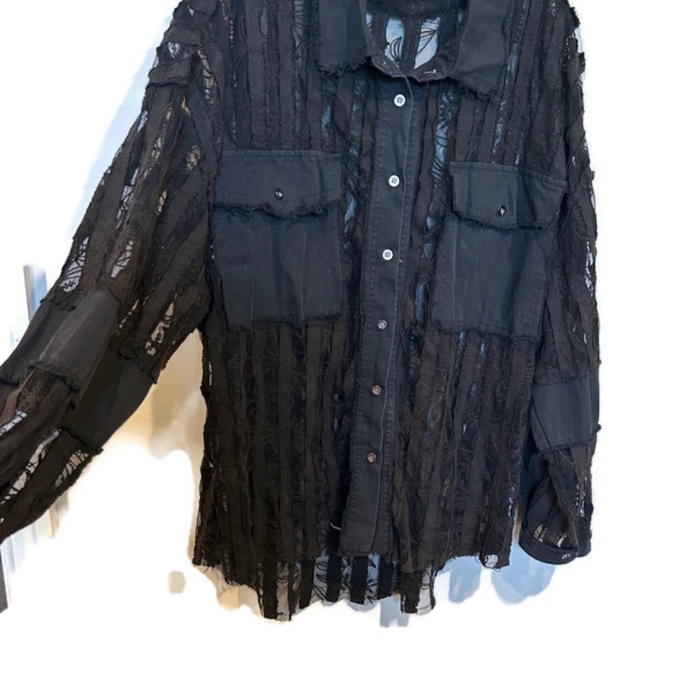 POL Black Sheer Lace Button Front Distressed by Design Top Blouse - Picture 3 of 8